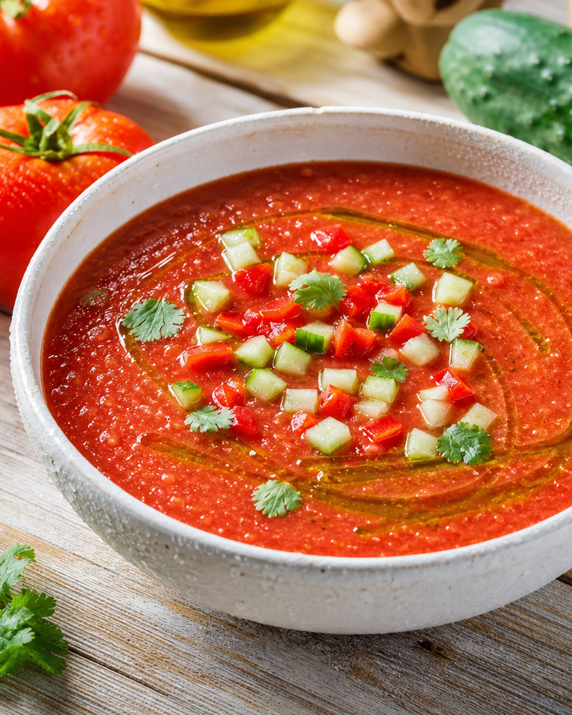 Bol de gaspacho cétogène rouge vif, garni de dés de concombre et d'un filet d'huile d'olive
