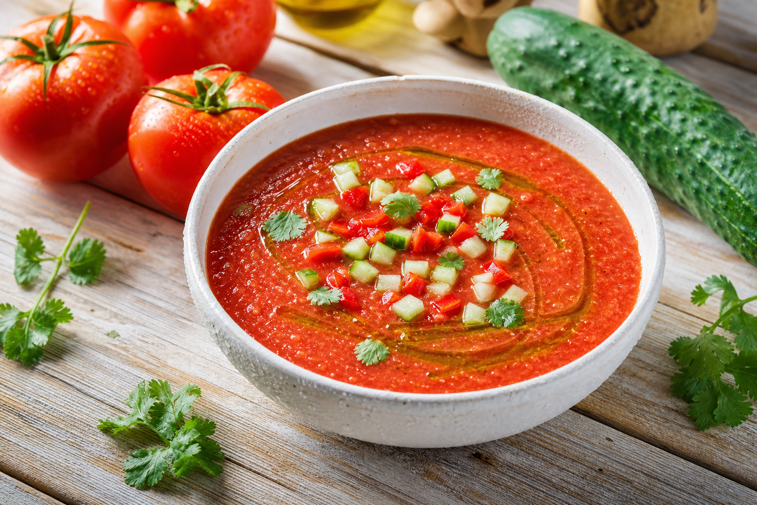 Bol de gaspacho cétogène rouge vif, garni de dés de concombre et d'un filet d'huile d'olive