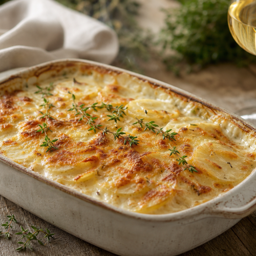 Gratin de navets au parmesan, doré et bouillonnant, dans un plat en céramique, garni de thym frais.