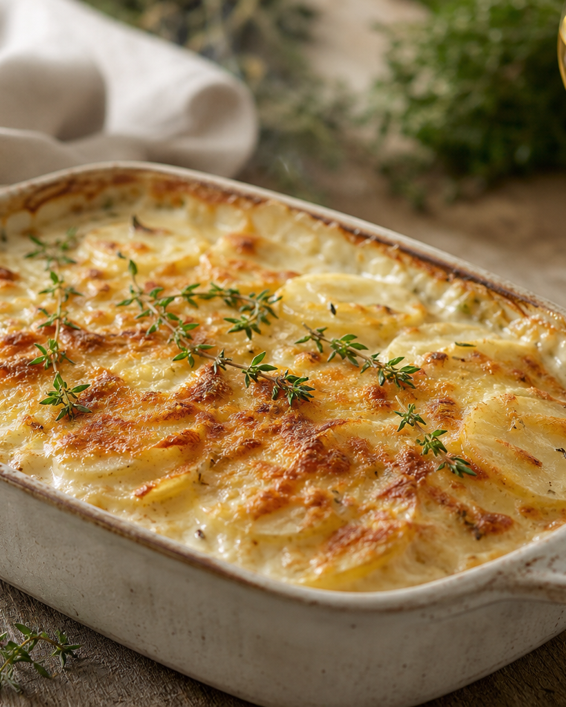 Gratin de navets au parmesan, doré et bouillonnant, dans un plat en céramique, garni de thym frais.