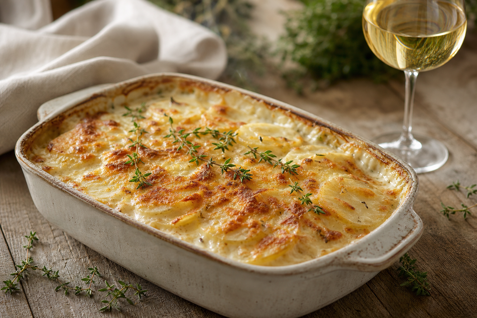 Gratin de navets au parmesan, doré et bouillonnant, dans un plat en céramique, garni de thym frais.