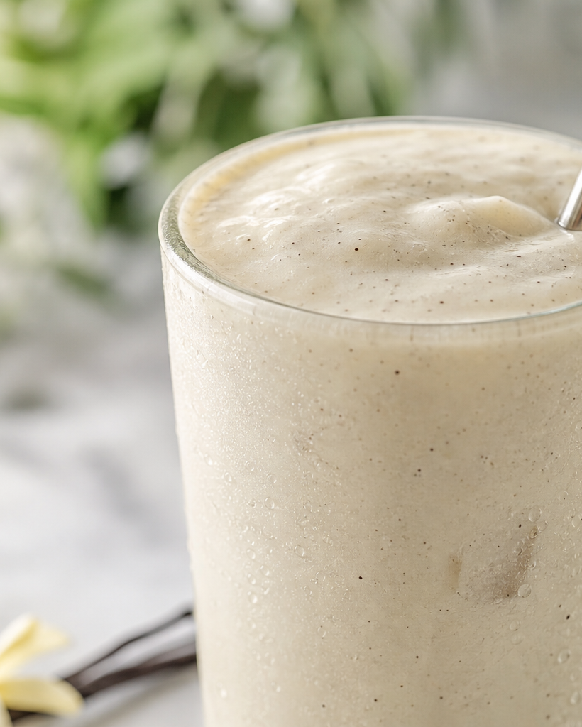 Grand verre de milk shake kéto à la vanille, crémeux et sans sucre, avec une paille métallique