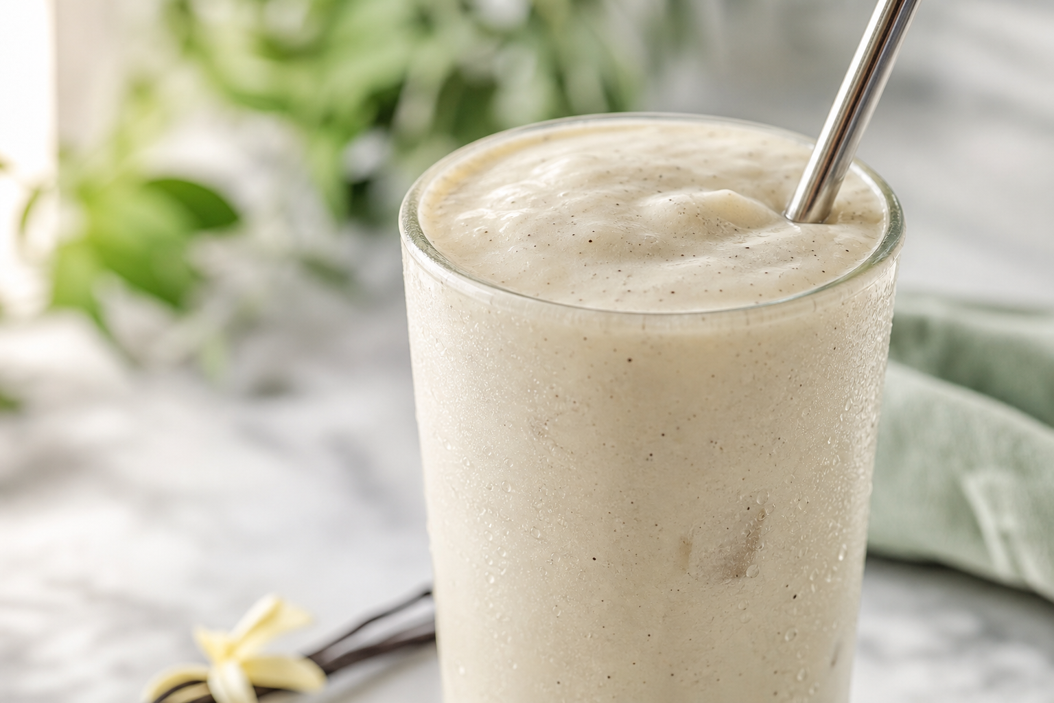 Grand verre de milk shake kéto à la vanille, crémeux et sans sucre, avec une paille métallique