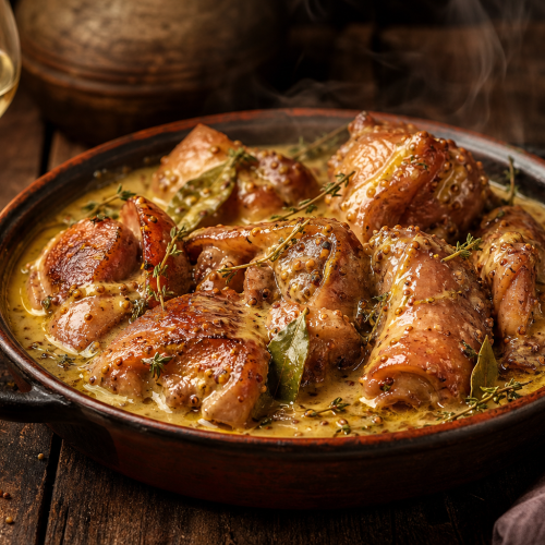 Pieds de porc mijotés dans une sauce à la moutarde de Dijon, servis dans une cocotte en fonte avec des herbes fraîches.
