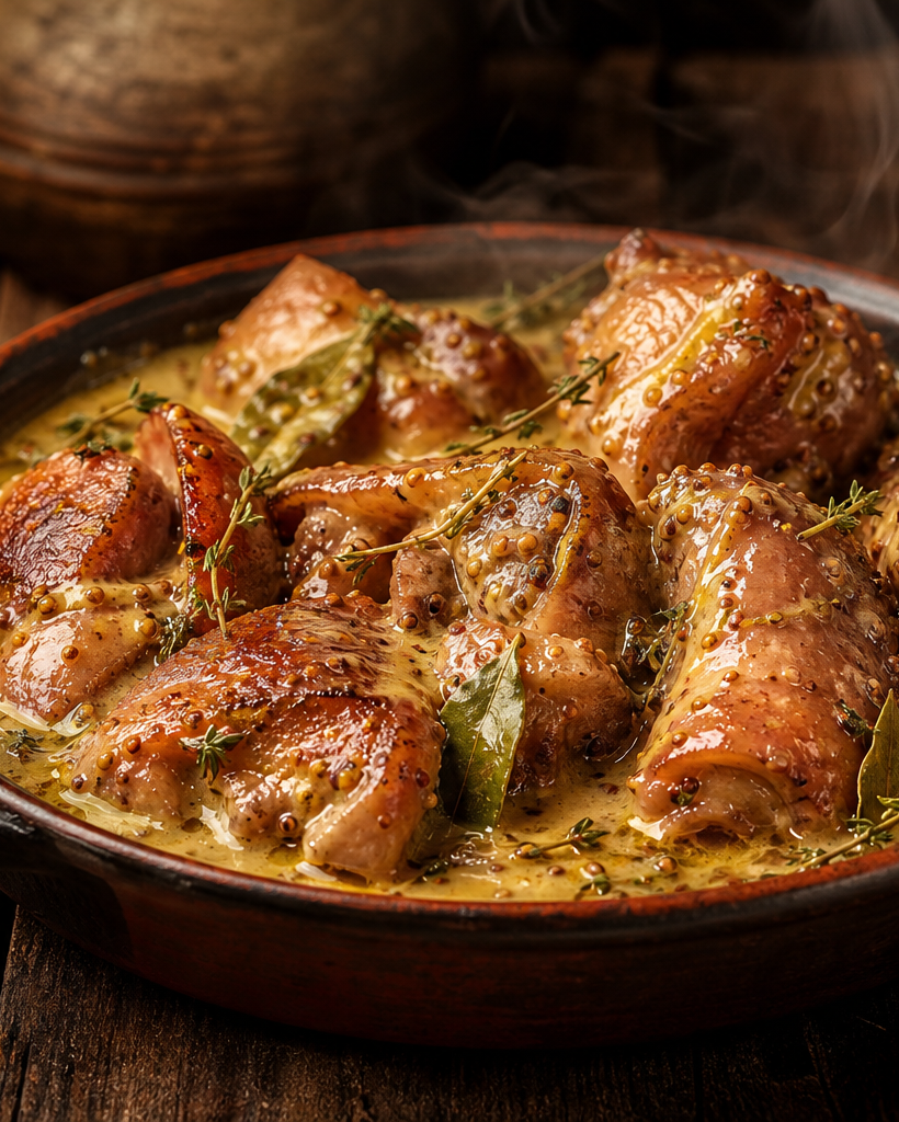 Pieds de porc mijotés dans une sauce à la moutarde de Dijon, servis dans une cocotte en fonte avec des herbes fraîches.