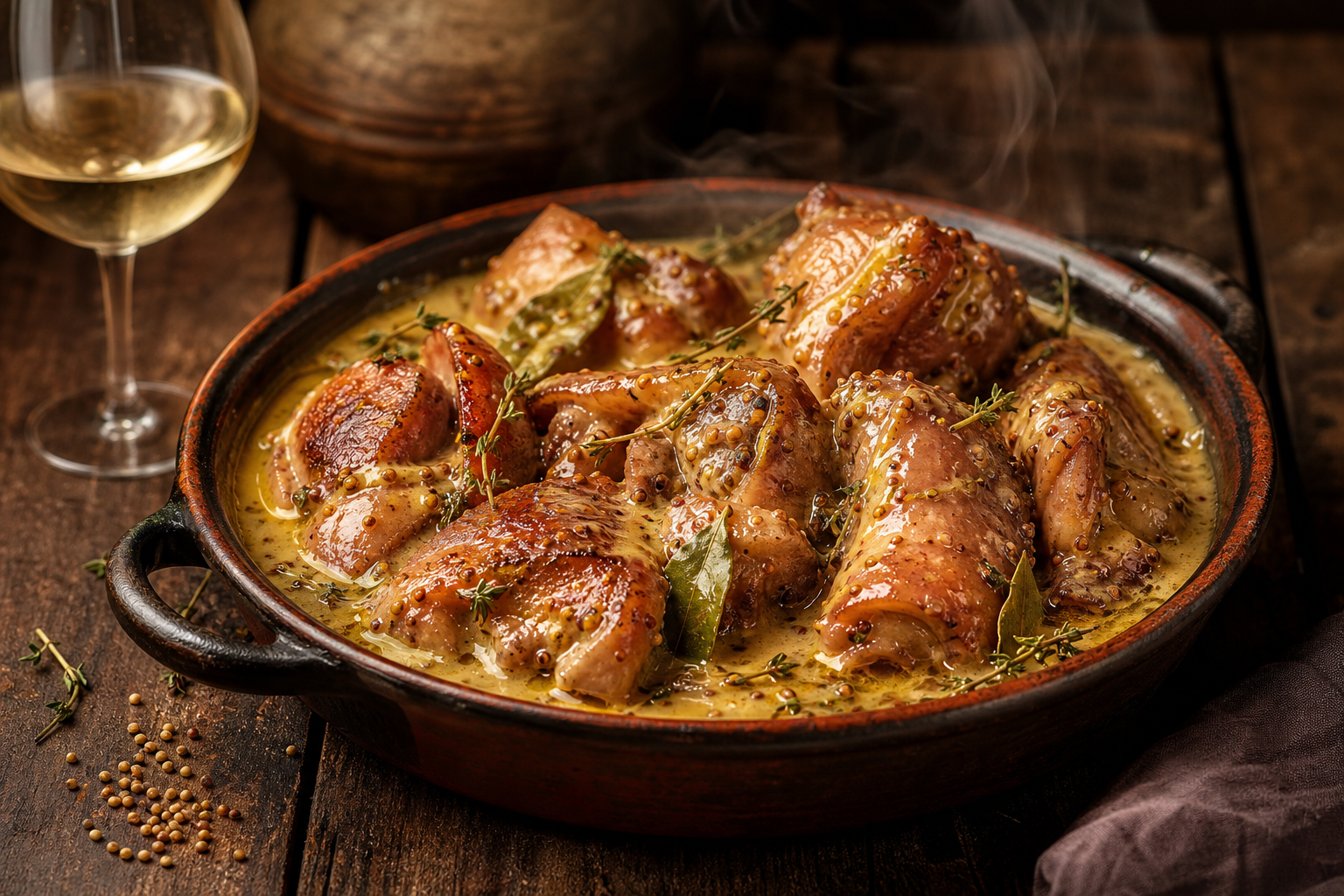Pieds de porc mijotés dans une sauce à la moutarde de Dijon, servis dans une cocotte en fonte avec des herbes fraîches.