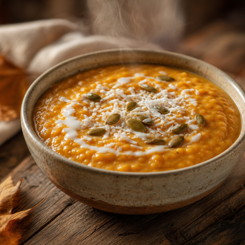 Bol de porridge à la courge cétogène, texture crémeuse orange, garni de graines de courge et noix de coco.