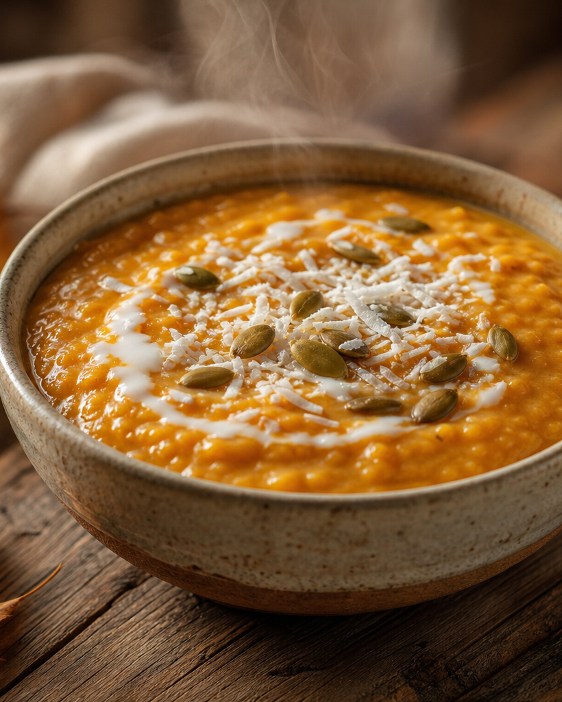 Bol de porridge à la courge cétogène, texture crémeuse orange, garni de graines de courge et noix de coco.