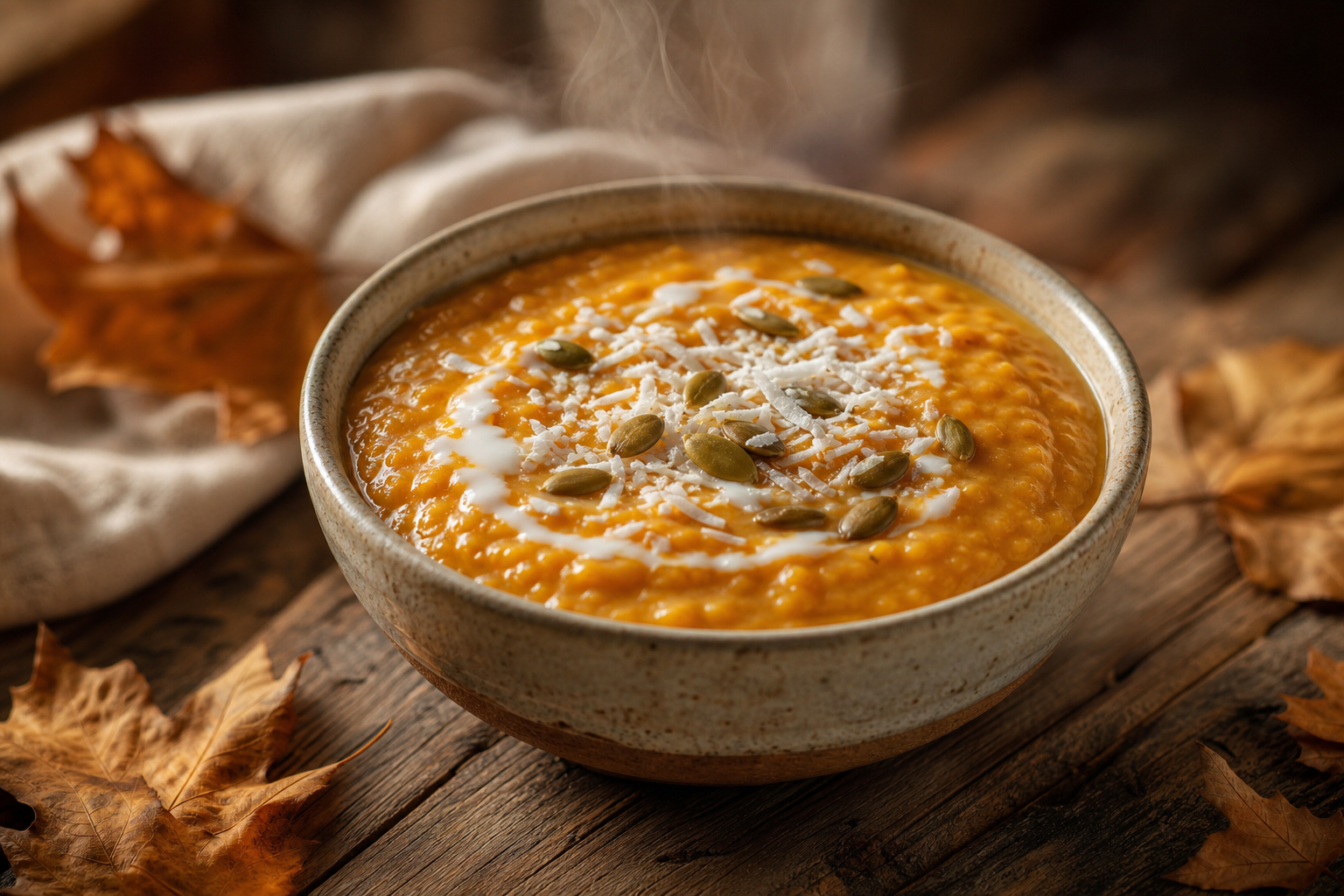 Bol de porridge à la courge cétogène, texture crémeuse orange, garni de graines de courge et noix de coco.