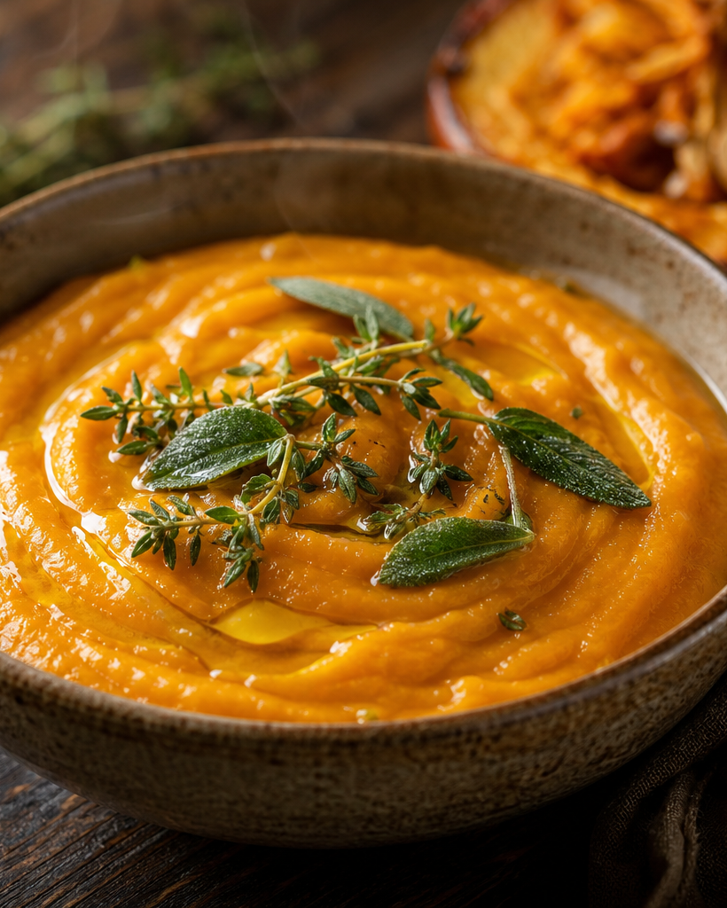 Bol de purée de courge cétogène onctueuse, garnie d'herbes fraîches, sur une table en bois rustique.