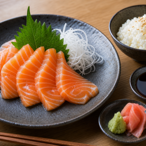 Fines tranches de saumon cru disposées en éventail, accompagnées de riz de chou-fleur et de condiments japonais