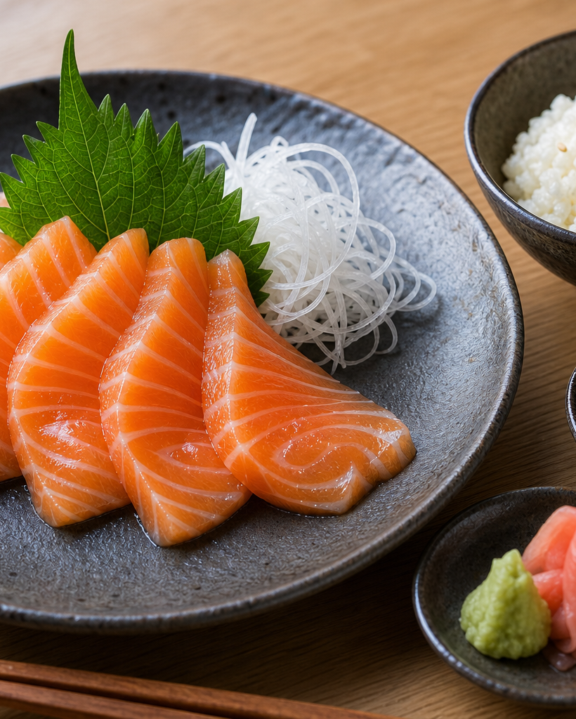 Fines tranches de saumon cru disposées en éventail, accompagnées de riz de chou-fleur et de condiments japonais