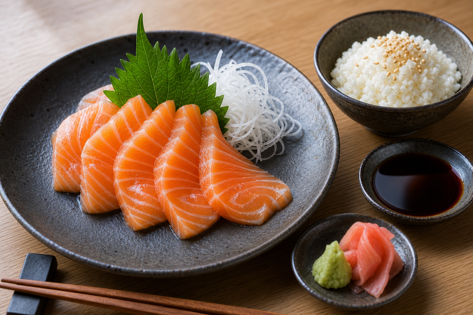 Fines tranches de saumon cru disposées en éventail, accompagnées de riz de chou-fleur et de condiments japonais
