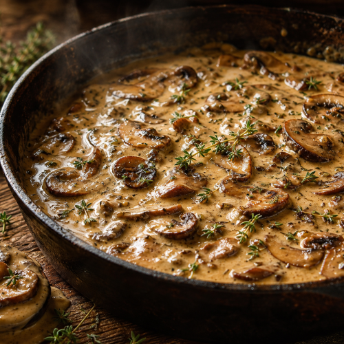 Sauce épaisse aux champignons crémeuse dans une poêle, garnie de thym frais, prête à être servie.