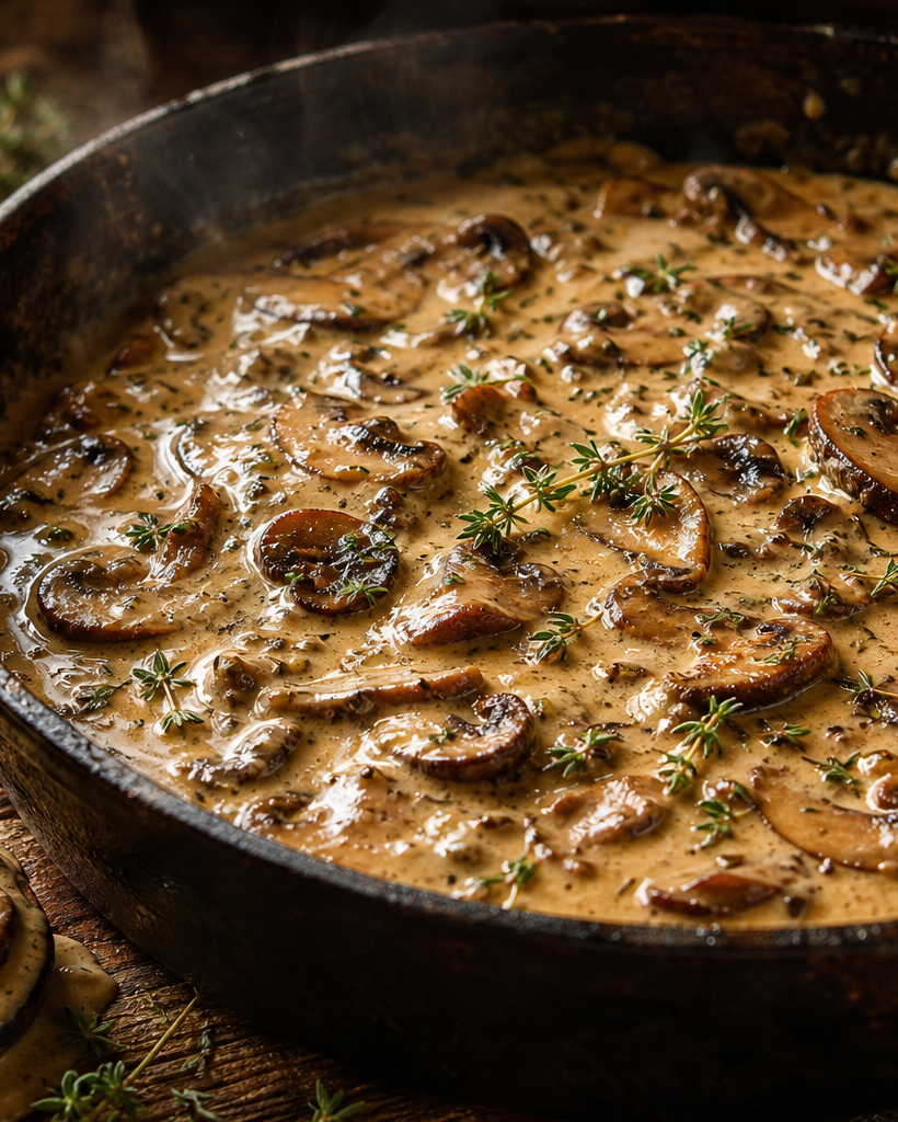 Sauce épaisse aux champignons crémeuse dans une poêle, garnie de thym frais, prête à être servie.