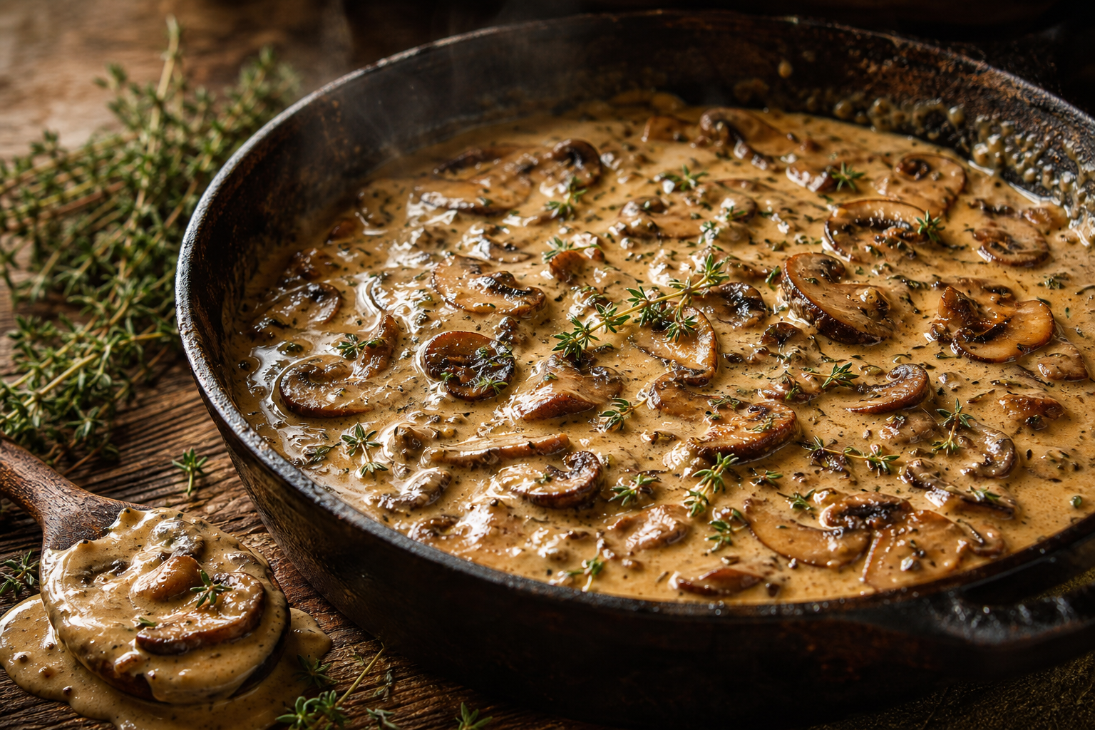 Sauce épaisse aux champignons crémeuse dans une poêle, garnie de thym frais, prête à être servie.