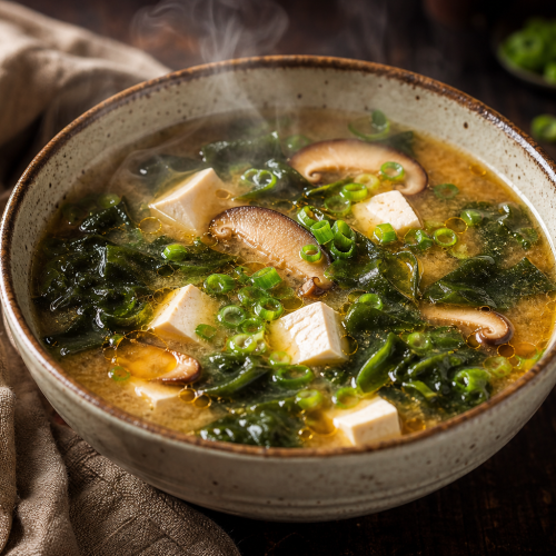Bol de soupe miso keto fumante avec tofu, champignons shiitakés, algues wakame et oignons verts