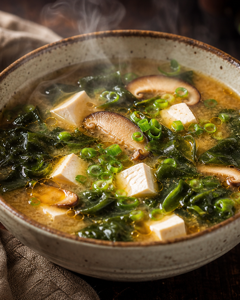 Bol de soupe miso keto fumante avec tofu, champignons shiitakés, algues wakame et oignons verts