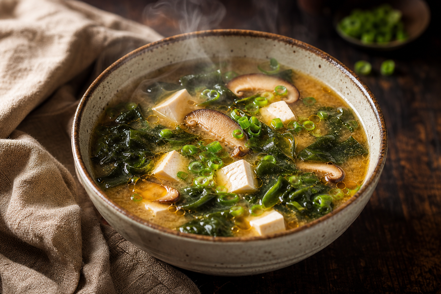 Bol de soupe miso keto fumante avec tofu, champignons shiitakés, algues wakame et oignons verts