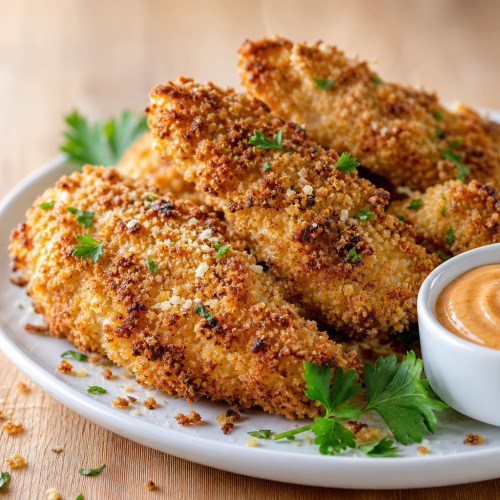 Tenders de poulet dorés et croustillants cuits au air fryer, servis avec une sauce keto