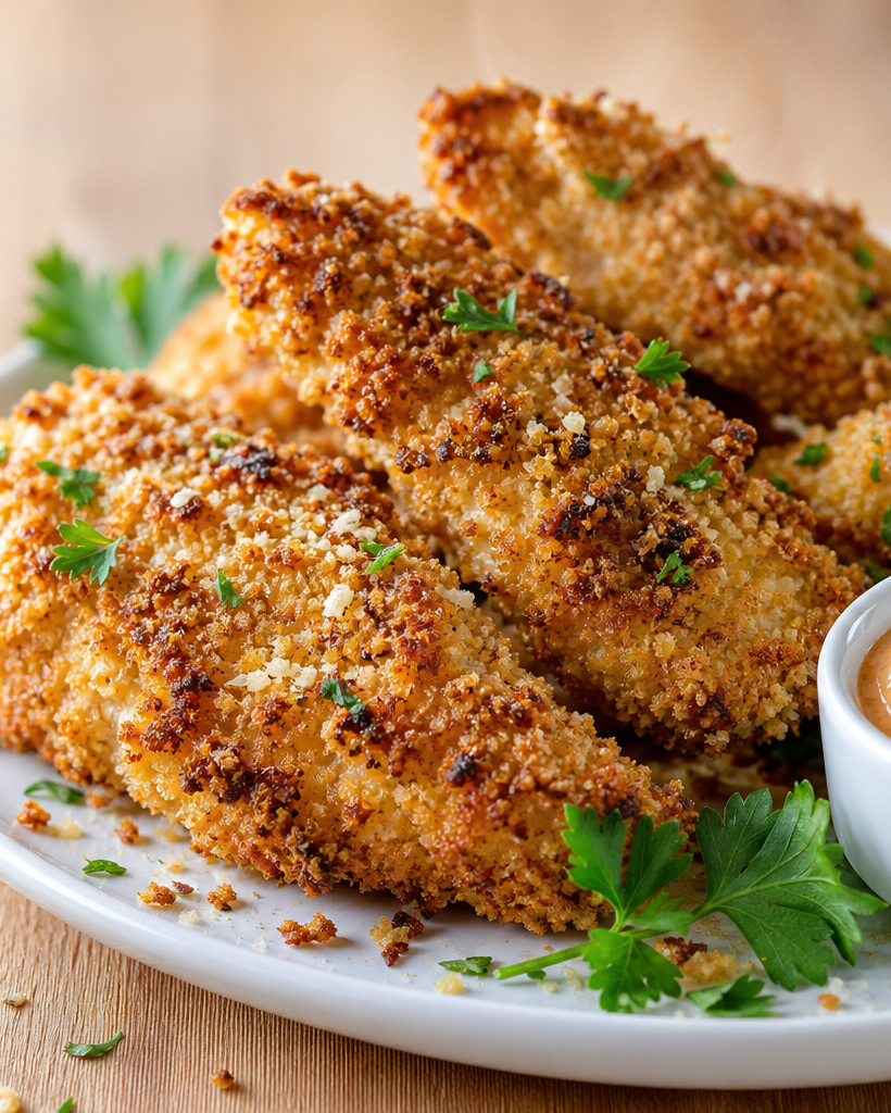 Tenders de poulet dorés et croustillants cuits au air fryer, servis avec une sauce keto