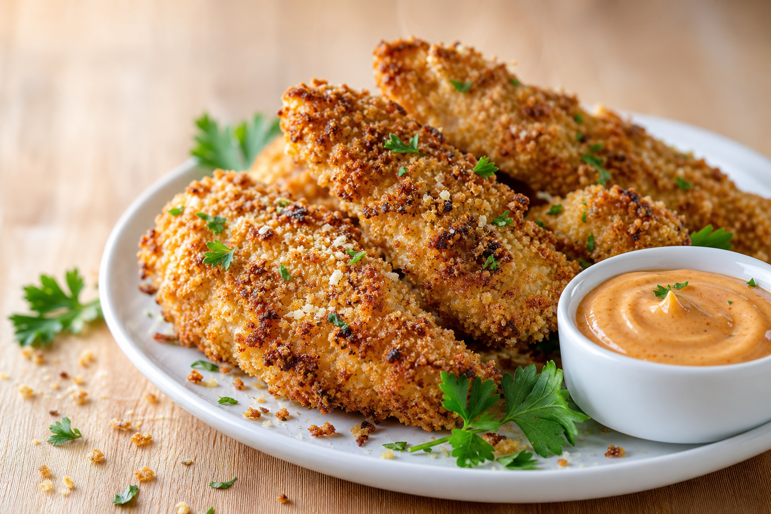 Tenders de poulet dorés et croustillants cuits au air fryer, servis avec une sauce keto